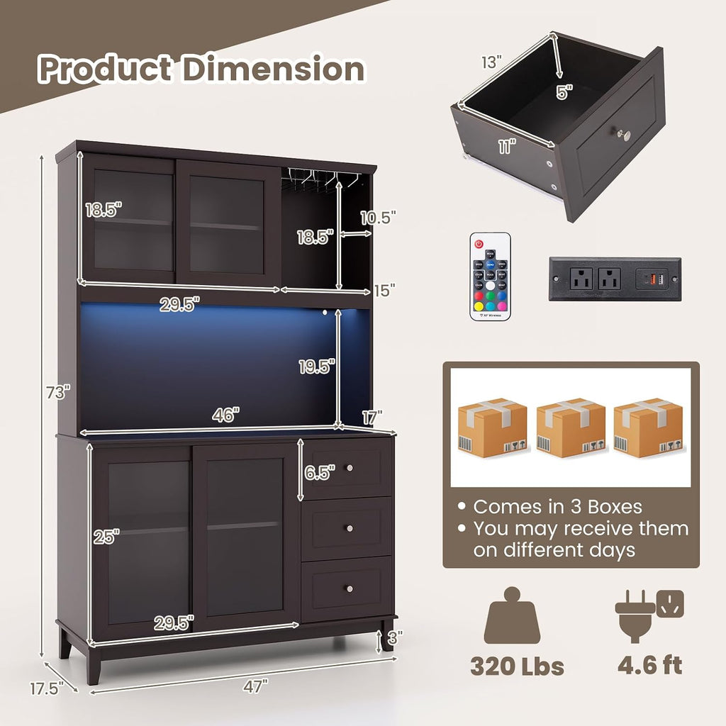 73” Kitchen Pantry Storage Cabinet, Buffet Hutch w/Power Outlets & Led Lights, Tall Cupboard w/Wine Glass Racks, Adjustable Shelves, Drawers, Microwave Stand for Dining Room (Espresso)
