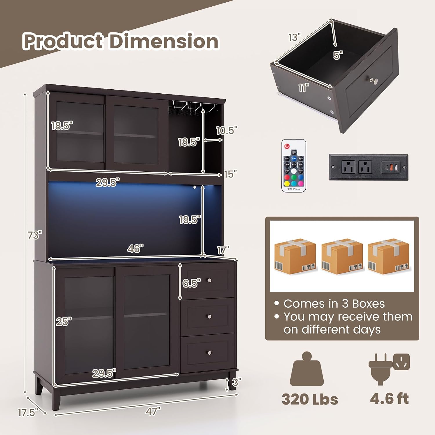 73” Kitchen Pantry Storage Cabinet, Buffet Hutch w/Power Outlets & Led Lights, Tall Cupboard w/Wine Glass Racks, Adjustable Shelves, Drawers, Microwave Stand for Dining Room (Espresso)