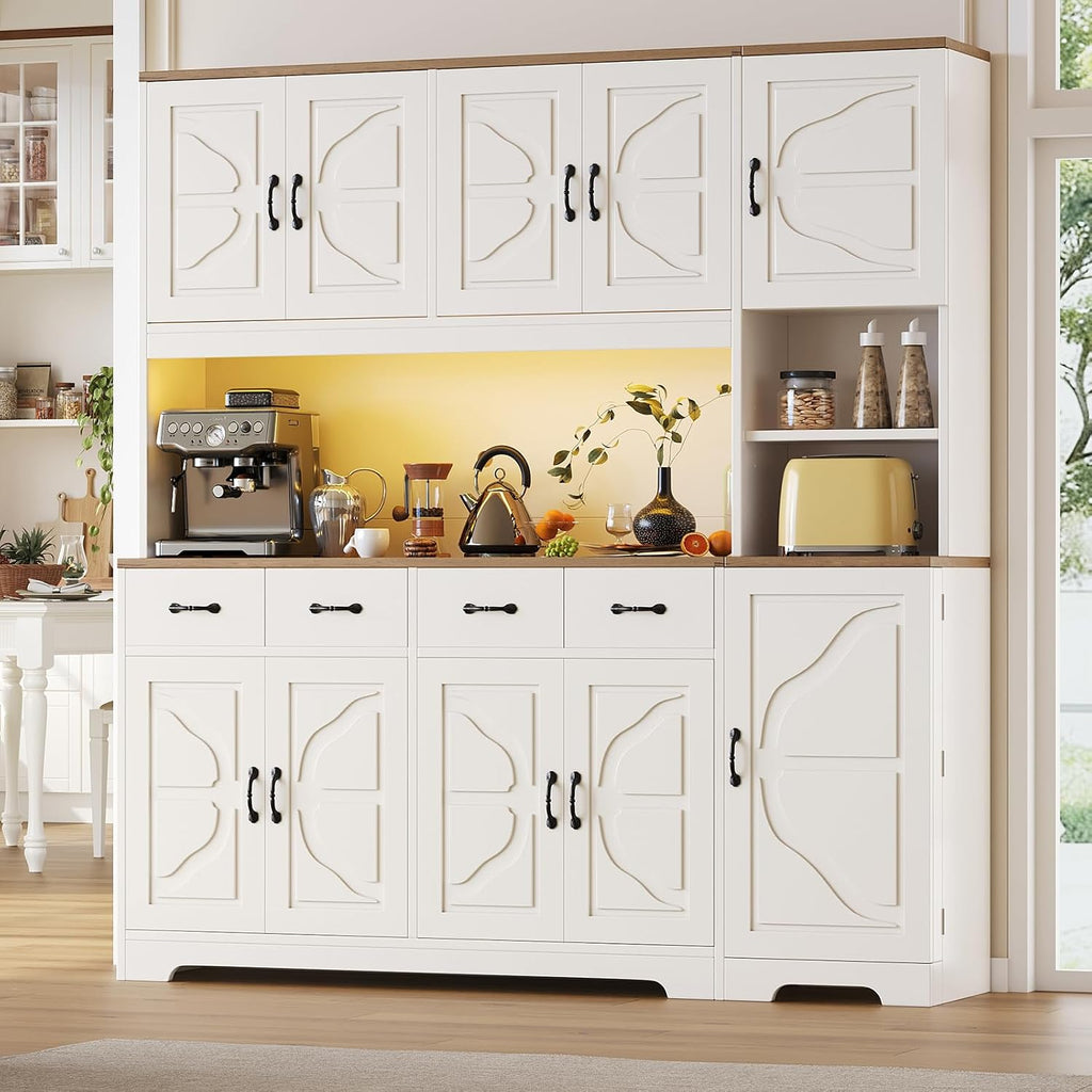 Tall Kitchen Pantry Cabinet with Carved Doors & Charging Station, Modern Storage Buffet with 4 Drawers and Adjustable Shelves, Coffee Bar Cabinet for Dining Room, White