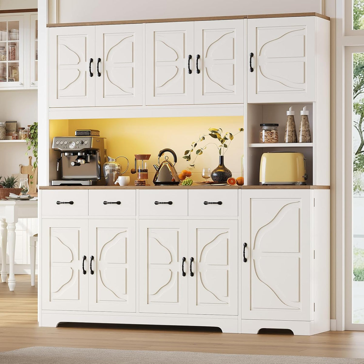Tall Kitchen Pantry Cabinet with Carved Doors & Charging Station, Modern Storage Buffet with 4 Drawers and Adjustable Shelves, Coffee Bar Cabinet for Dining Room, White
