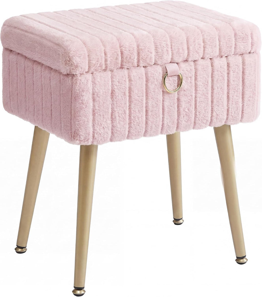 SONGMICS Vanity Stool Chair with Storage, Metal Legs, Max. Load 440 lb | Makeup Stool, Footrest Footstool Ottoman, for Living Room, Bedroom, Makeup Room, Pink, GLAMOR Collection ULOM505SZ02