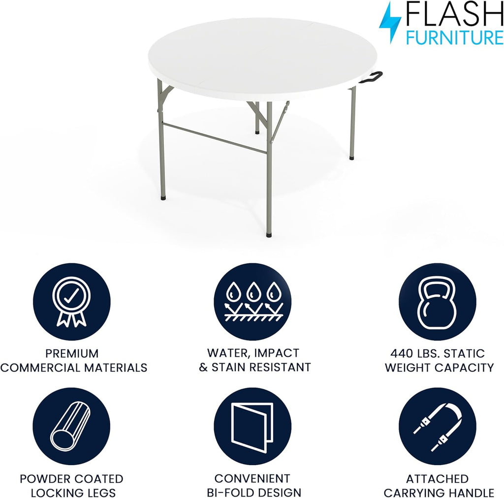 Flash Furniture 4-Foot Round Bi-Fold Granite White Plastic Folding Table | Lightweight, Easy Storage, Commercial Grade, Carrying Handle