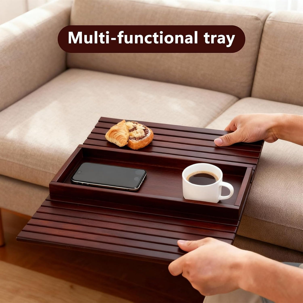 Bamboo Couch Arm Tray Table, Foldable Sofa Rest with Non-Slip Base Portable Armchair Cup Phone Holder for Drinks, Remote, Snacks Fits Most Recliners Couches, Easy-Clean Surface(Mahogany)