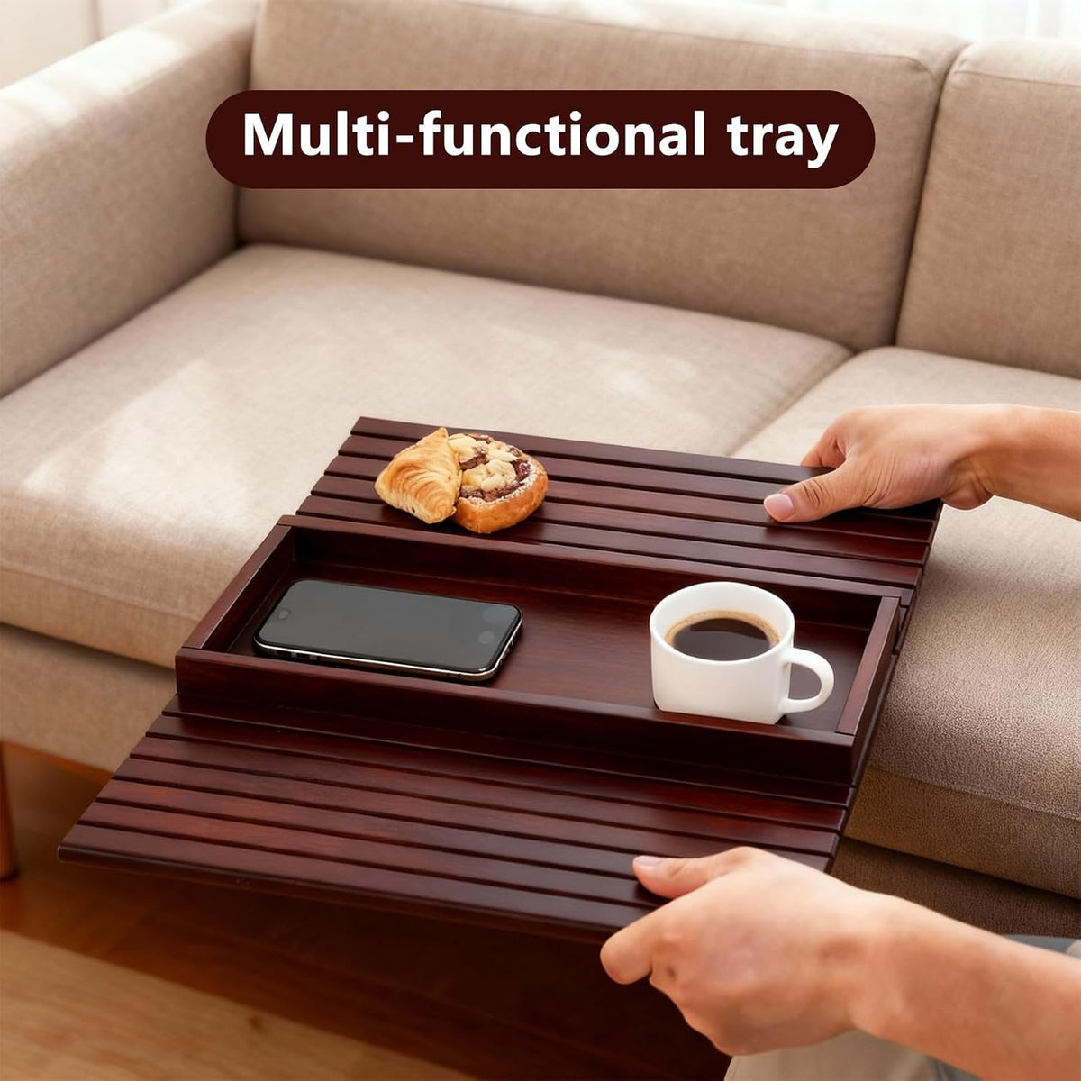 Bamboo Couch Arm Tray Table, Foldable Sofa Rest with Non-Slip Base Portable Armchair Cup Phone Holder for Drinks, Remote, Snacks Fits Most Recliners Couches, Easy-Clean Surface(Mahogany)