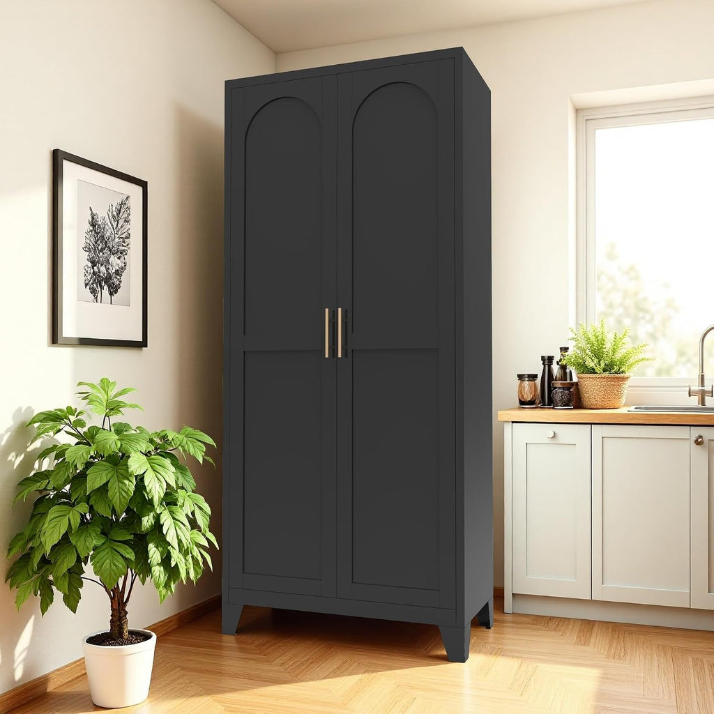 RYH Metal Pantry Cabinet with Doors & 3/4 Shelves, Kitchen Storage Cabinet, Large White Utility Cupboard for Kitchen, Dining Room, Office, Living Room (Black, 70.87" H×31.5" W×15.7" D)