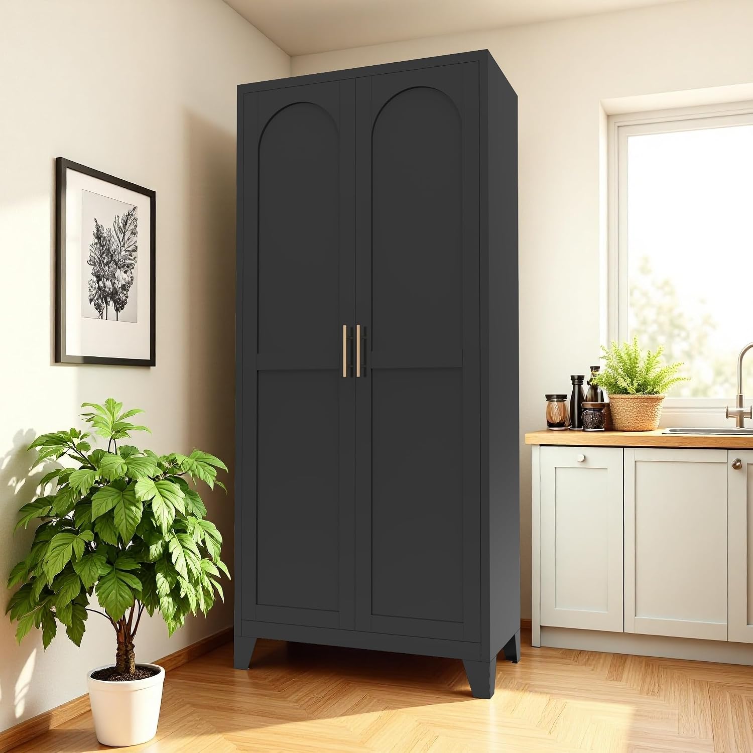 RYH Metal Pantry Cabinet with Doors & 3/4 Shelves, Kitchen Storage Cabinet, Large White Utility Cupboard for Kitchen, Dining Room, Office, Living Room (Black, 70.87" H×31.5" W×15.7" D)