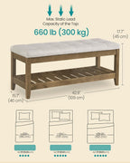 SONGMICS Storage Ottoman with Solid Wood Frame, 42.9 x 15.7 x 17.7 Inches | Upholstered Bed Bench, Footrest, Tufted Cushion, Easy Assembly, Summer Sand, MARY Collection ULSF009LF01