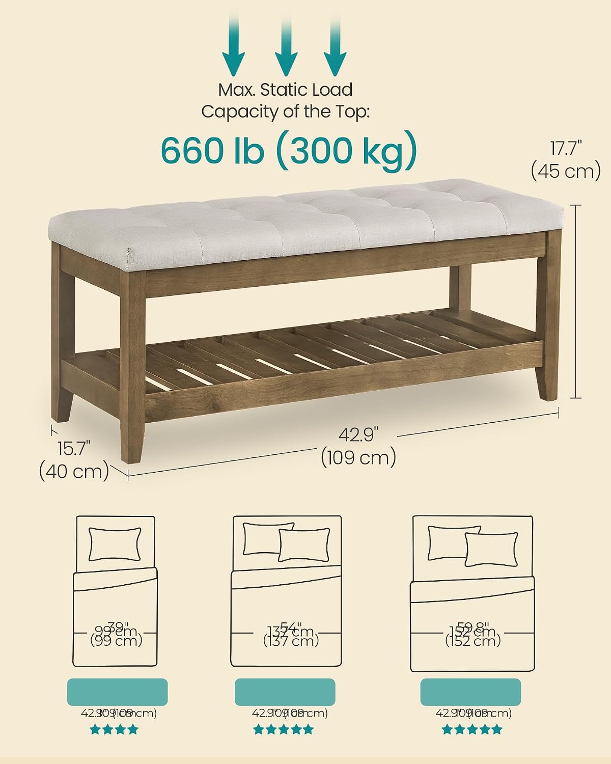 SONGMICS Storage Ottoman with Solid Wood Frame, 42.9 x 15.7 x 17.7 Inches | Upholstered Bed Bench, Footrest, Tufted Cushion, Easy Assembly, Summer Sand, MARY Collection ULSF009LF01