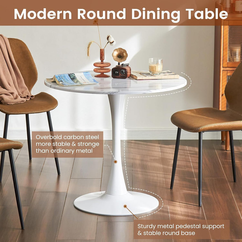 Round Dining Tulip Table for 4, Mid-Century Modern Table with Sturdy Metal Pedestal for Kitchen, Bistro, Cafe, Leisure (Faux Marble White, 31.5 INCH)