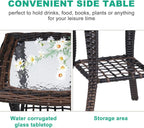 VINGLI Outdoor Side Table with Storage Wicker Patio Side Table, Tempered Glass Top End Table for Balcony Porch Deck (Brown)