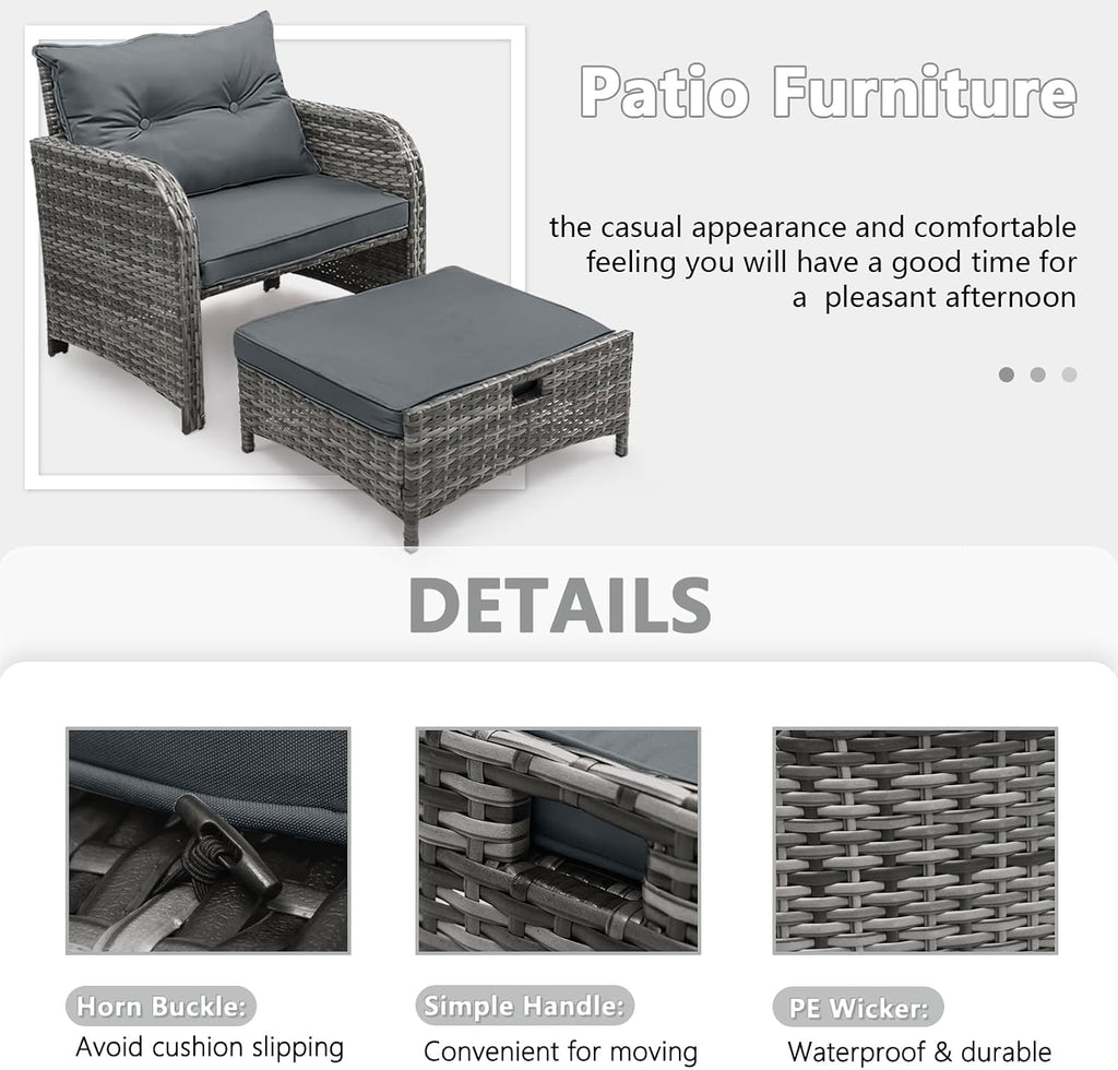 Patio Chair with Ottomans and Table, 5 Piece PE Wicker Rattan Outdoor Patio Furniture Set, Space Saving Design Outdoor Chairs with Ottomans Set for Balcony Poolside Front Porch Deck, Grey