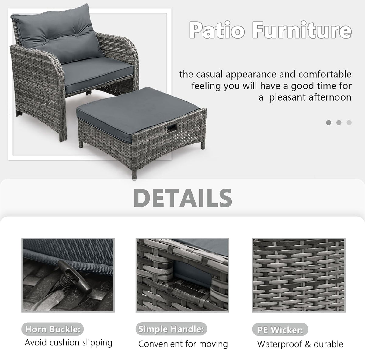 Patio Chair with Ottomans and Table, 5 Piece PE Wicker Rattan Outdoor Patio Furniture Set, Space Saving Design Outdoor Chairs with Ottomans Set for Balcony Poolside Front Porch Deck, Grey