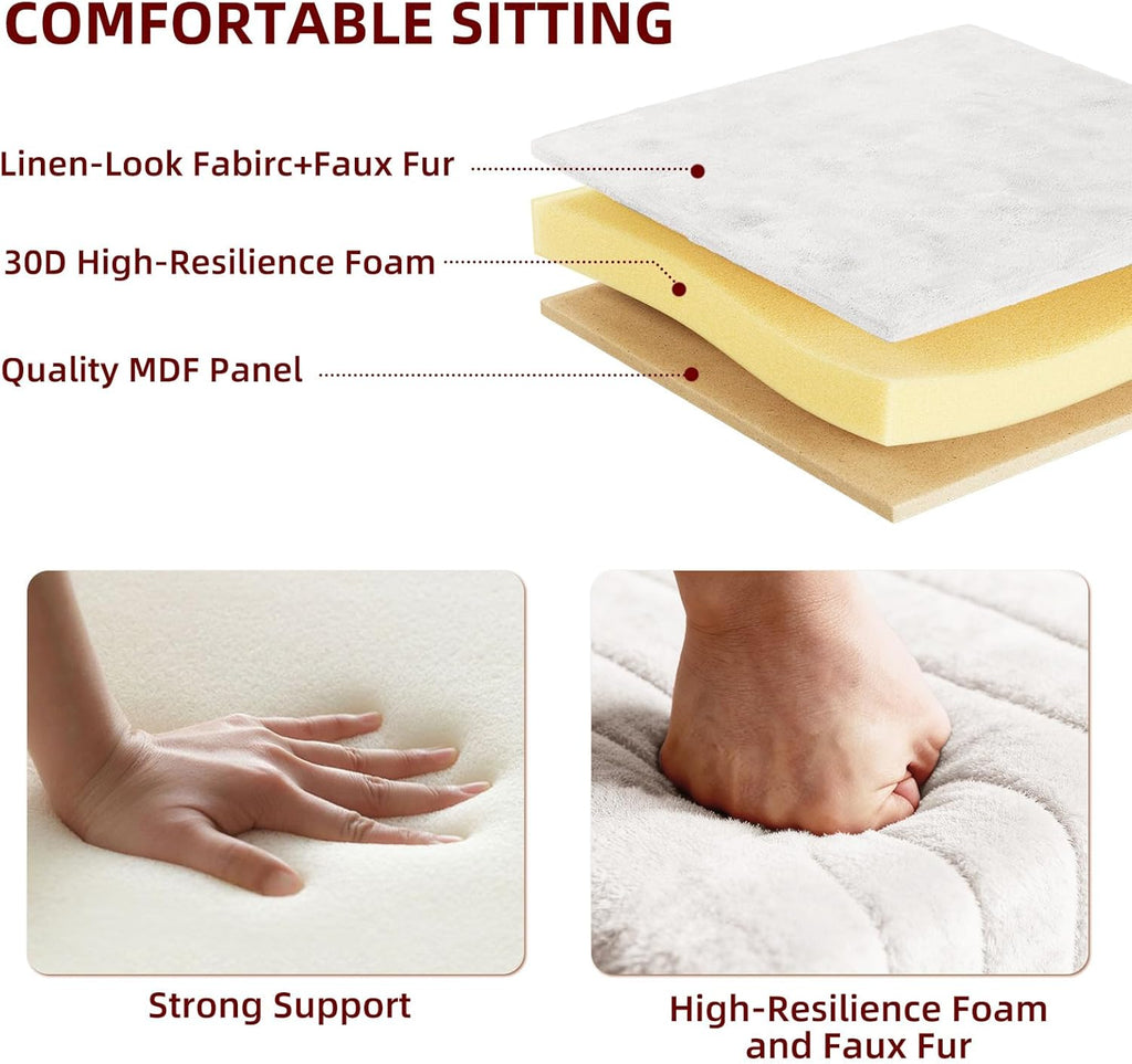 Somdot Vanity Stool Chair with Storage, Cute Furry Padded Seat, Makeup Stool, Footrest Footstool Ottoman, Metal Legs, Adjustable Feet for Living Room, Bedroom, Makeup Room, White