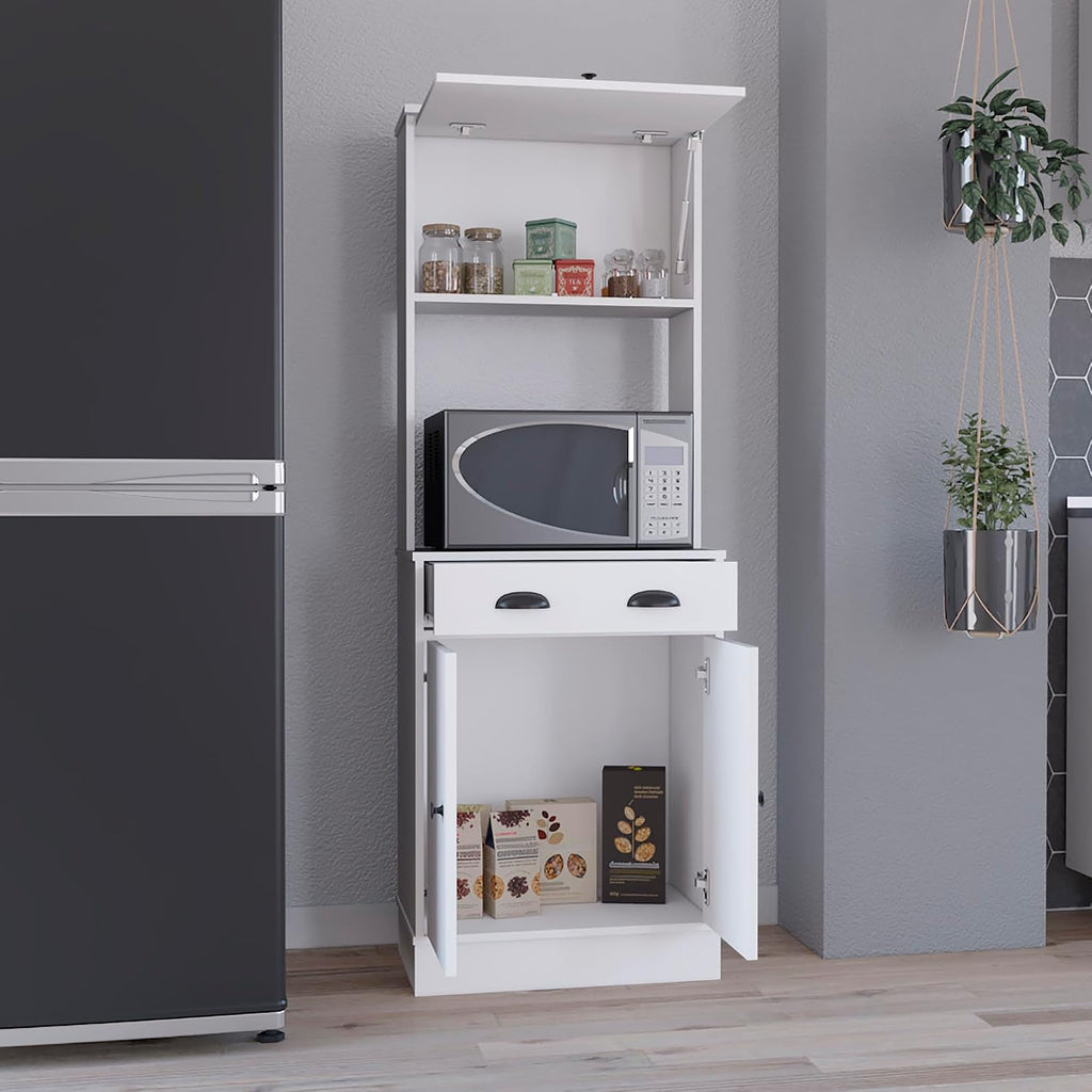 Apex Kitchen Pantry 66.3" H with Drawer, 2 Cabinets, and Microwave Stand, White