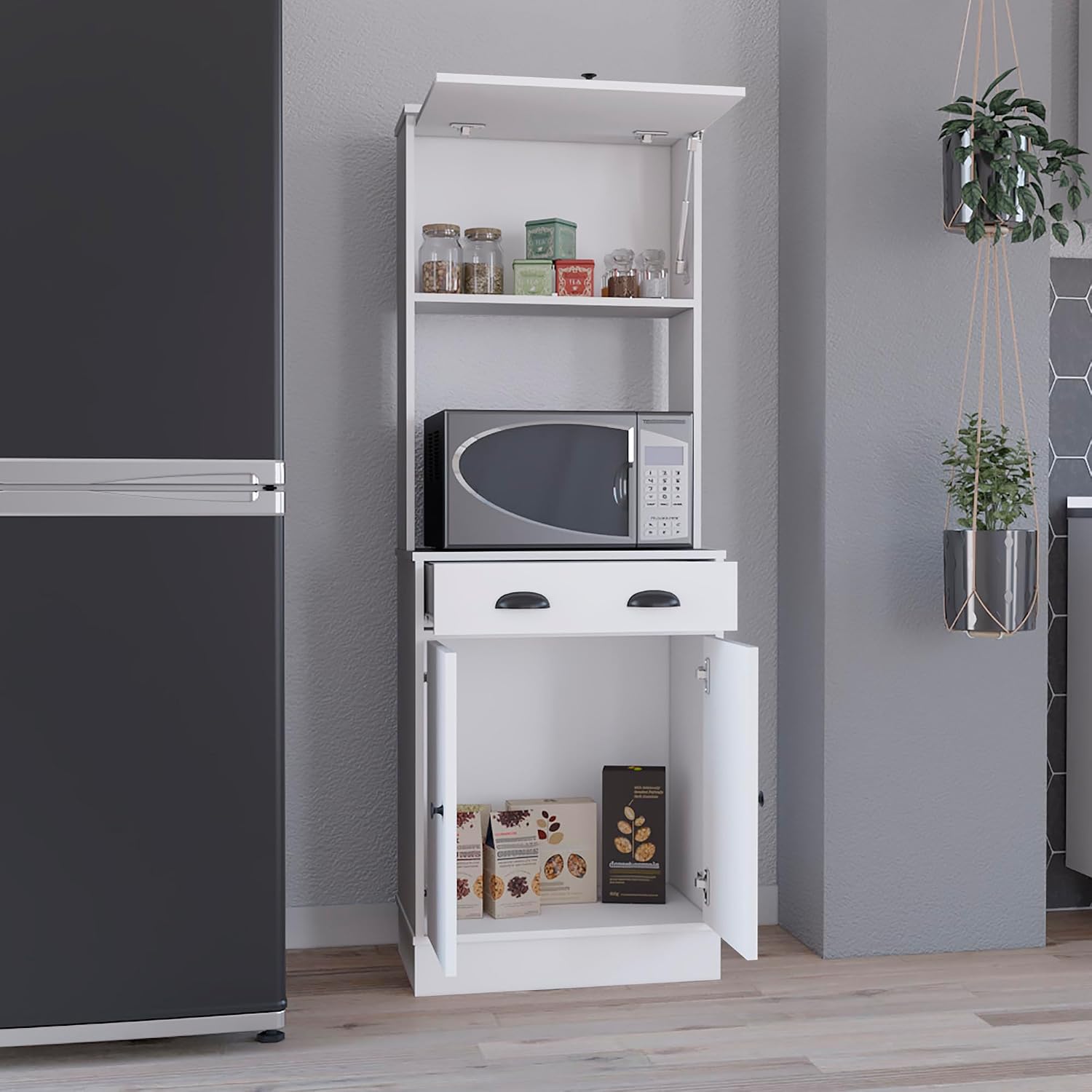 Apex Kitchen Pantry 66.3" H with Drawer, 2 Cabinets, and Microwave Stand, White