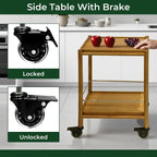 Acacia Wood Rolling Side Table, 2-Tier with Lockable Wheels & Removable Tray, Sturdy Durable for Bar Cart, Nightstand, End Table, Sofa Table