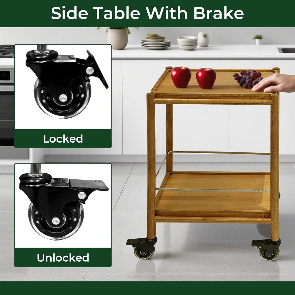 Acacia Wood Rolling Side Table, 2-Tier with Lockable Wheels & Removable Tray, Sturdy Durable for Bar Cart, Nightstand, End Table, Sofa Table