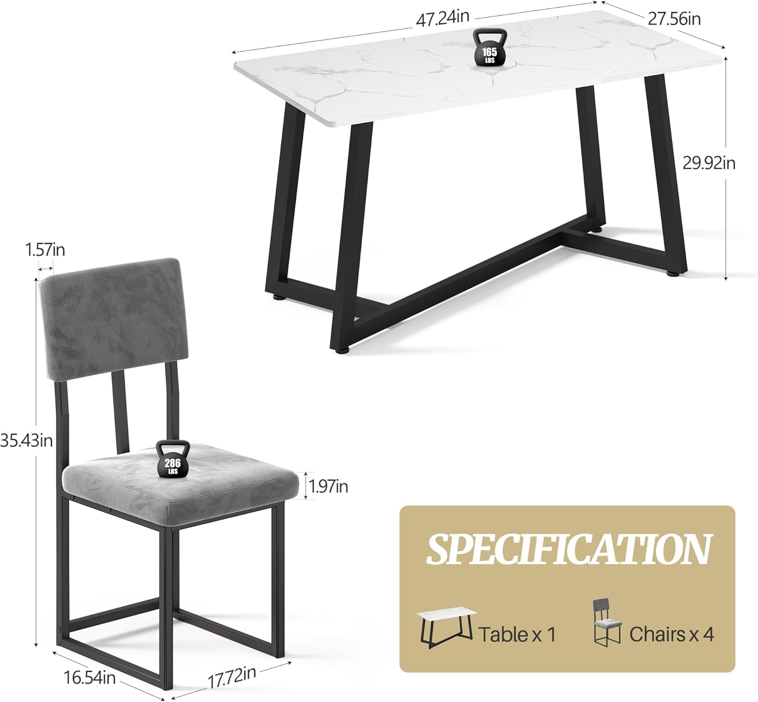 5-Piece Dining Table Set for 4, Modern Faux 47.24" Marble Kitchen Table with 4 Velvet Chairs, Stylish Small Dining Table Set for Apartments & Small Spaces