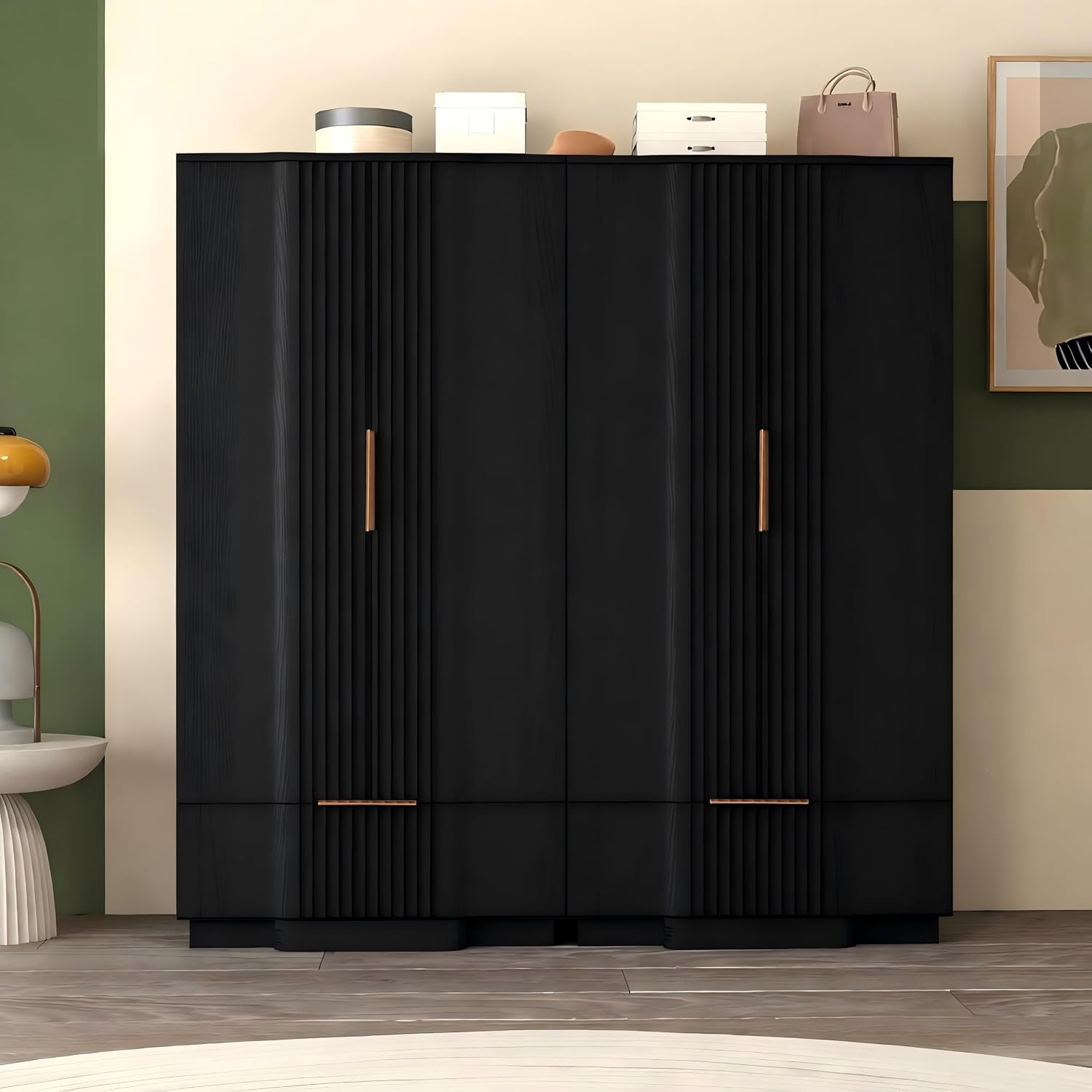 Brafab 67" Fluted Armoire Wardrobe Closet with Drawers, Black Cabinet | Removable Hanging Rods, Adjustable Shelves, Soft-Close Hinges, Large Capacity, Clothes Organizer for Bedroom, Cloak Room