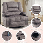 KCQ Oversized Swivel Rocker Recliner Chair with Massage Heat Cup Holders, Overstuffed Fabric Heated Massaging Swivel Glider Chair Rocking Recliner Chair, Grey