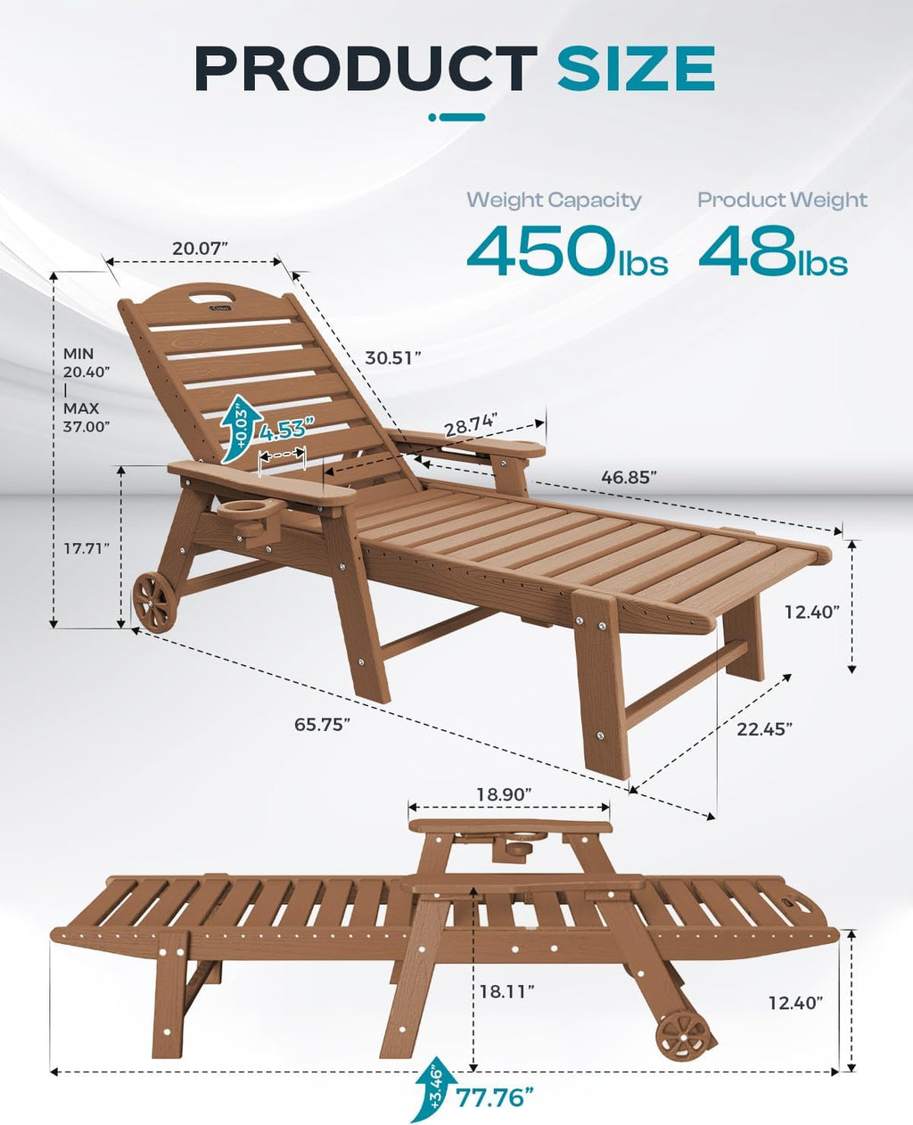 Ciokea Lounge Chair Outdoor, Oversized Chaise Lounge Chair with 5 Positions, HDPE, Patio Lounge Chair with Wheels & Cup Holder for Pool, Deck, Poolside, Teak