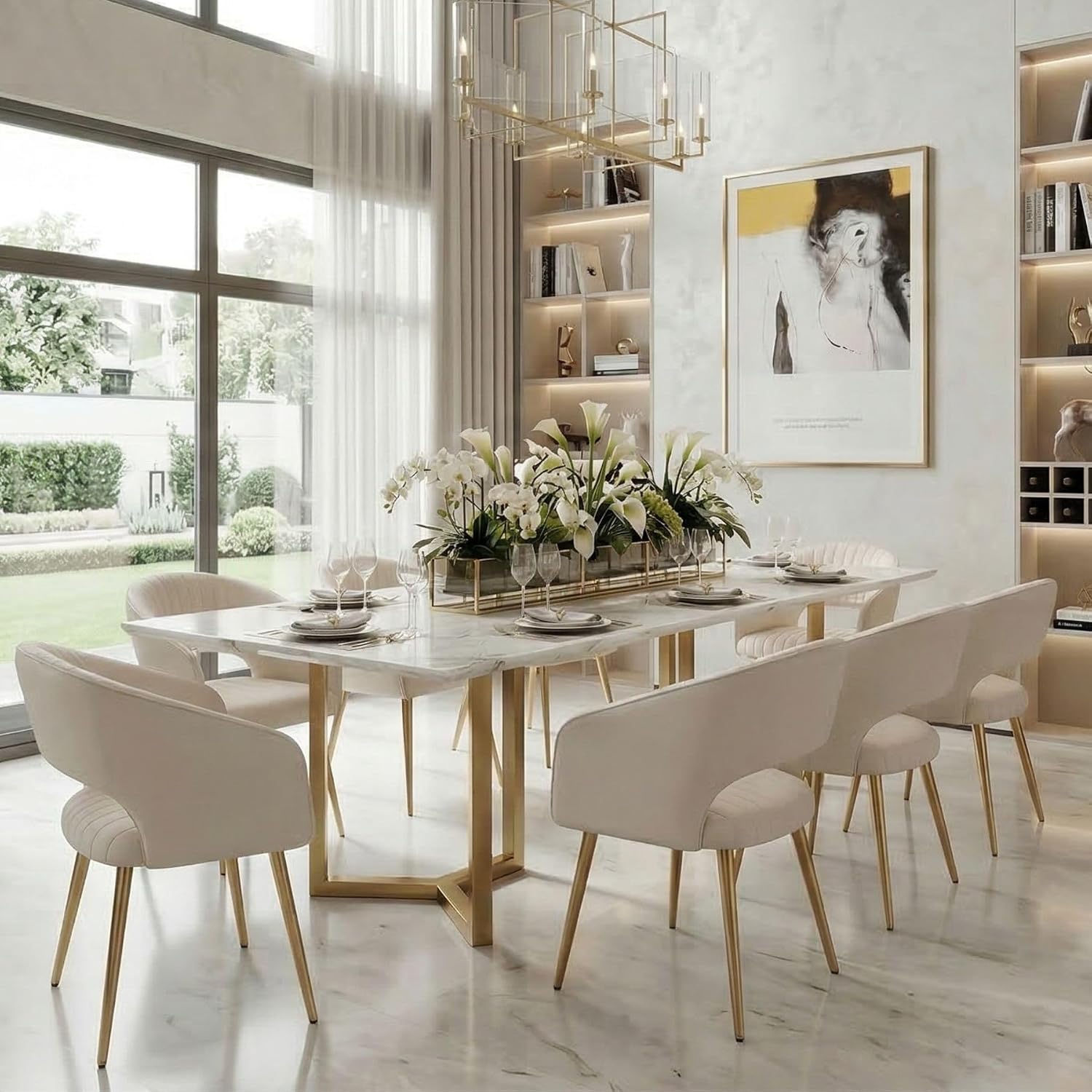 Hyfirm Set of 4 Cream Leather Dining Chairs, Modern Upholstered Kitchen Chairs Gold Metal Legs, Hollow Back, Accent Side Chair for Dining Room/Livingroom/Reception/Restaurant