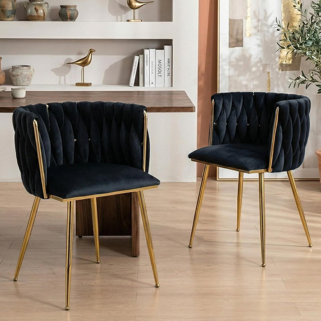 Hand-Woven Dining Chairs Set of 2,Dining Room Chairs with Gold Leg | Velvet Elegant Side Chair with Curved Backrest, Sturdy Wood & Metal, Anti-slip Foot Pads, Wide Armrest, Holds 300LBS, Beige