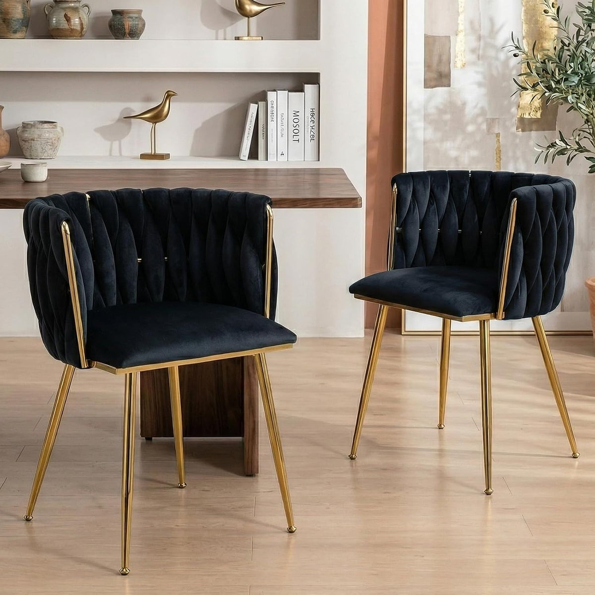 Hand-Woven Dining Chairs Set of 2,Dining Room Chairs with Gold Leg | Velvet Elegant Side Chair with Curved Backrest, Sturdy Wood & Metal, Anti-slip Foot Pads, Wide Armrest, Holds 300LBS, Beige