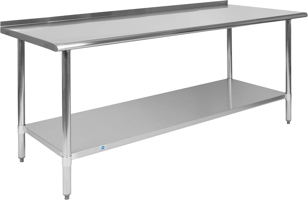 EMMA + OLIVER Stainless Steel 18 Gauge Kitchen Prep and Work Table with Backsplash and Shelf, NSF - 72" W x 30" D