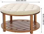 VEVOR Large Round Ottoman Coffee Table, 31.9 Inch Tufted Coffee Table with Solid Wood Shelf Storage, Linen Solid Upholstered Footrest Ottoman for Bedroom Living Room, 350 LBS, Linen Color