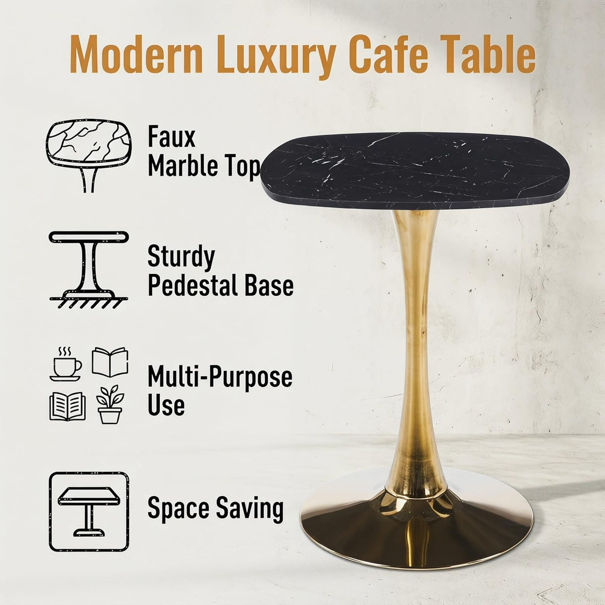 24 Inch Square Tulip Bistro Table for 2-4, Small Dining Table with Gold Metal Pedestal Base, Black Faux Marble Top Kitchen Table, Modern Square Cafe Table for Apartment Living Room Office Small Space