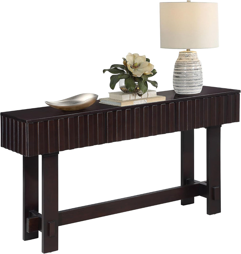 Knocbel Fluted Console Table with 3 Storage Drawers, Farmhouse Mid Century Sofa Table with Solid Wood Legs for Entryway Living Room, 52" W x 15" D x 30" H, Espresso