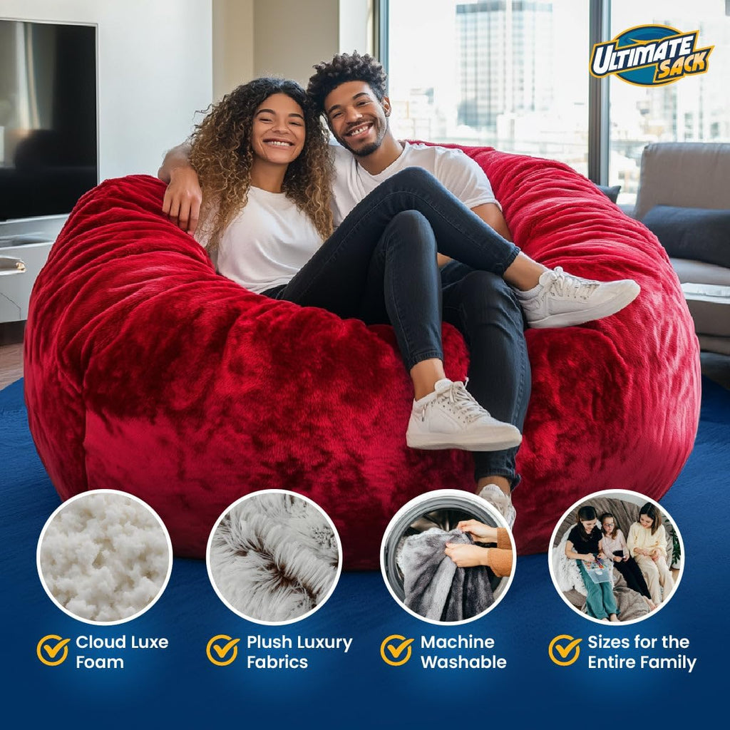 Ultimate Sack 5000 5-Foot Bean Bag Chair, Cloud Fur Cover – Oversized Foam Lounger, Floor Seat, Small Sofa, or Couch Bed for Living Area, Gaming Room, or Reading Lounge