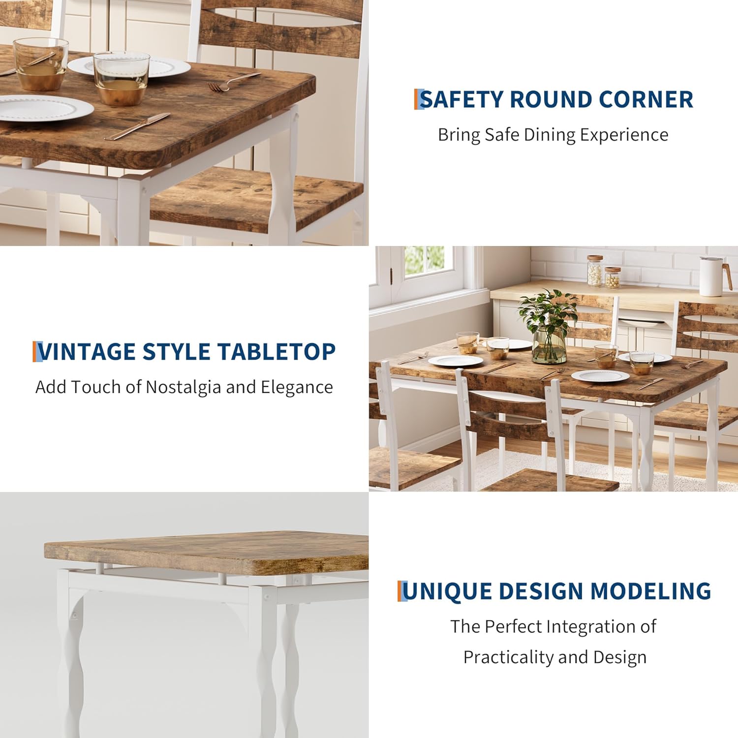 GarveeHome 5 Piece Dining Table Set, Industrial Style Dining Table and Chairs Set for 4, Kitchen Table Set for Dining Room Kitchen Apartment, White Brown