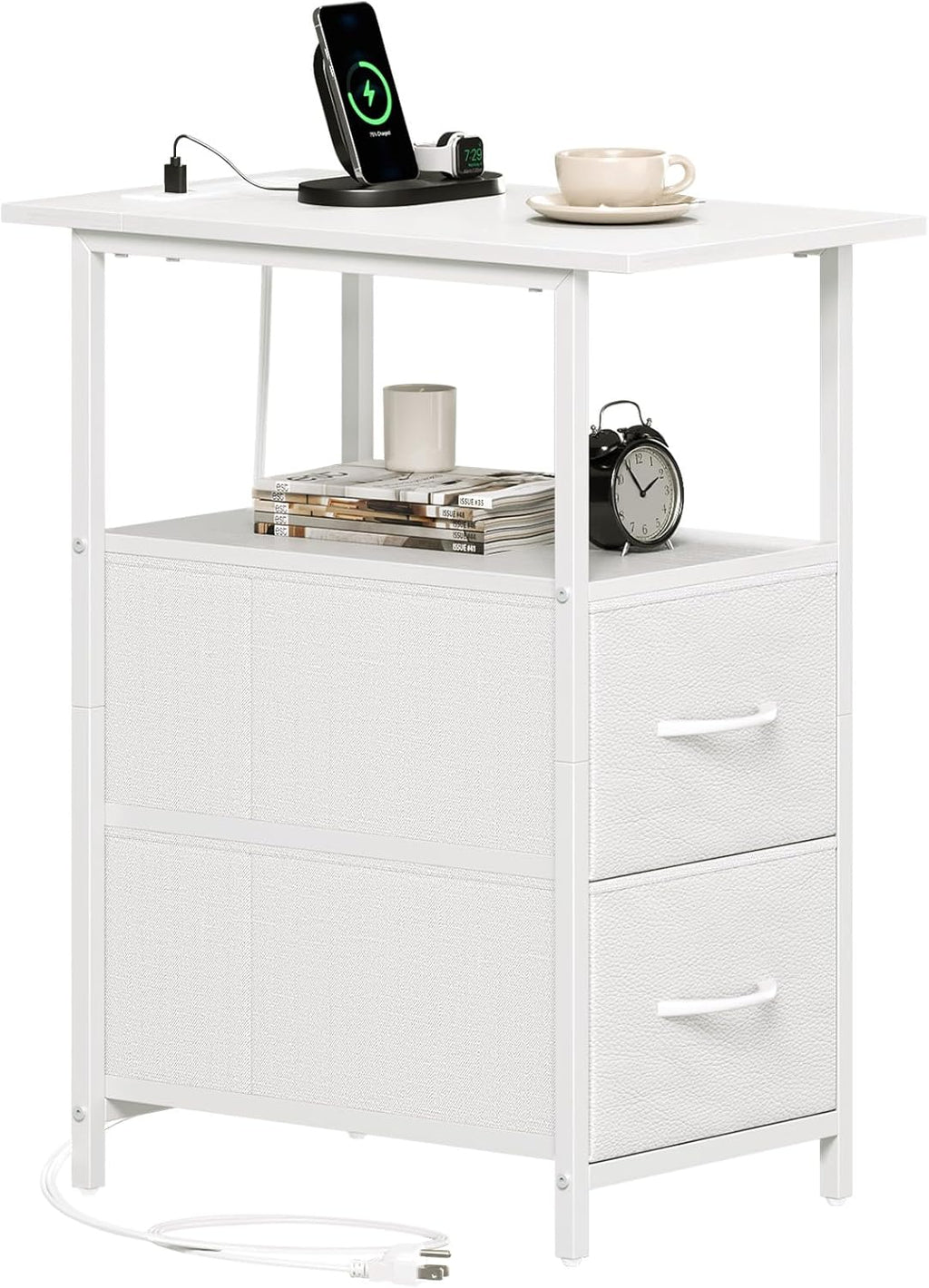 Somdot End Table with Charging Station, Narrow Side Table with 2 Fabric Drawers, Skinny Nightstand with Storage, Small Slim Bedside Table for Living Room, Sofa, Bedroom, Couch, White Leather