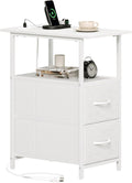 Somdot End Table with Charging Station, Narrow Side Table with 2 Fabric Drawers, Skinny Nightstand with Storage, Small Slim Bedside Table for Living Room, Sofa, Bedroom, Couch, White Leather