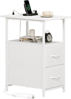 Somdot End Table with Charging Station, Narrow Side Table with 2 Fabric Drawers, Skinny Nightstand with Storage, Small Slim Bedside Table for Living Room, Sofa, Bedroom, Couch, White Leather
