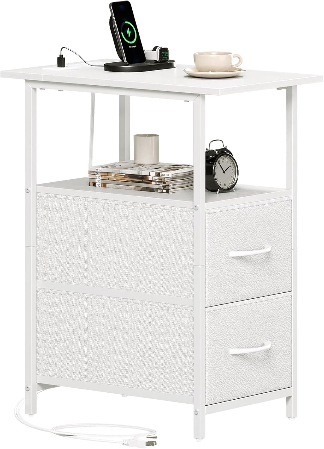 Somdot End Table with Charging Station, Narrow Side Table with 2 Fabric Drawers, Skinny Nightstand with Storage, Small Slim Bedside Table for Living Room, Sofa, Bedroom, Couch, White Leather