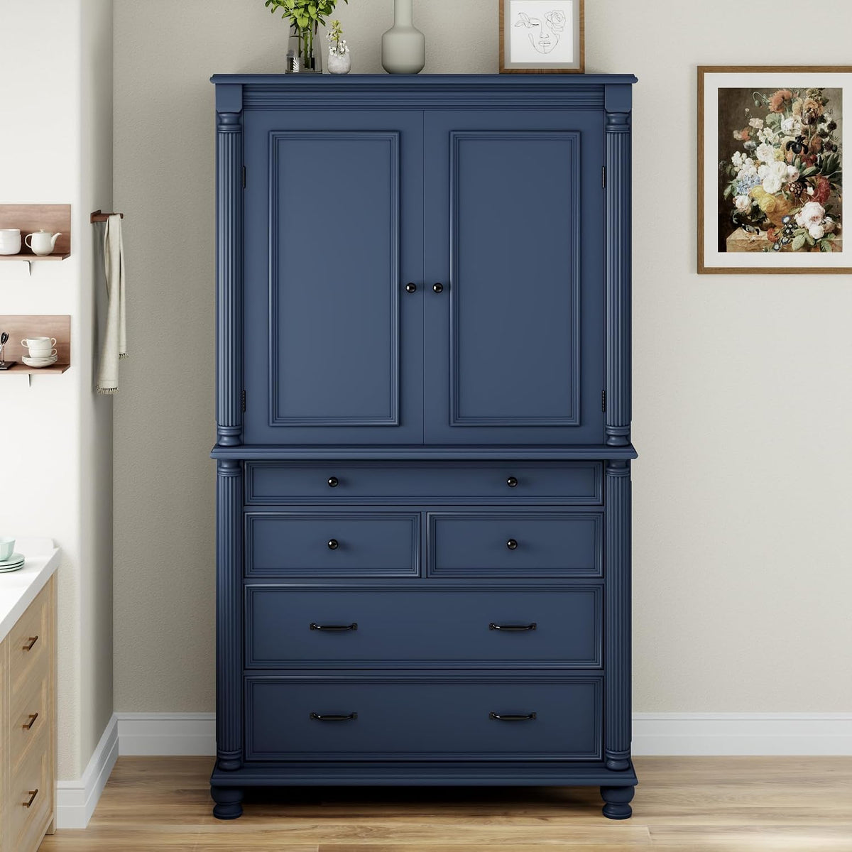 Freestanding Large Kitchen Pantry,Tall Storage Cabinet Cupboard with 6 Door Shelves, 2 Adjustable Shelves and 5 Drawers,for Dining Room Living Room (Blue-g)