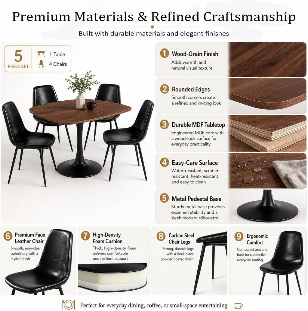 Table with 4 Chairs, Wooden Round Dining Table Set | Space-Saving Set，Wood-Grain Finish，Rounded Edges，ErgonomicComfort