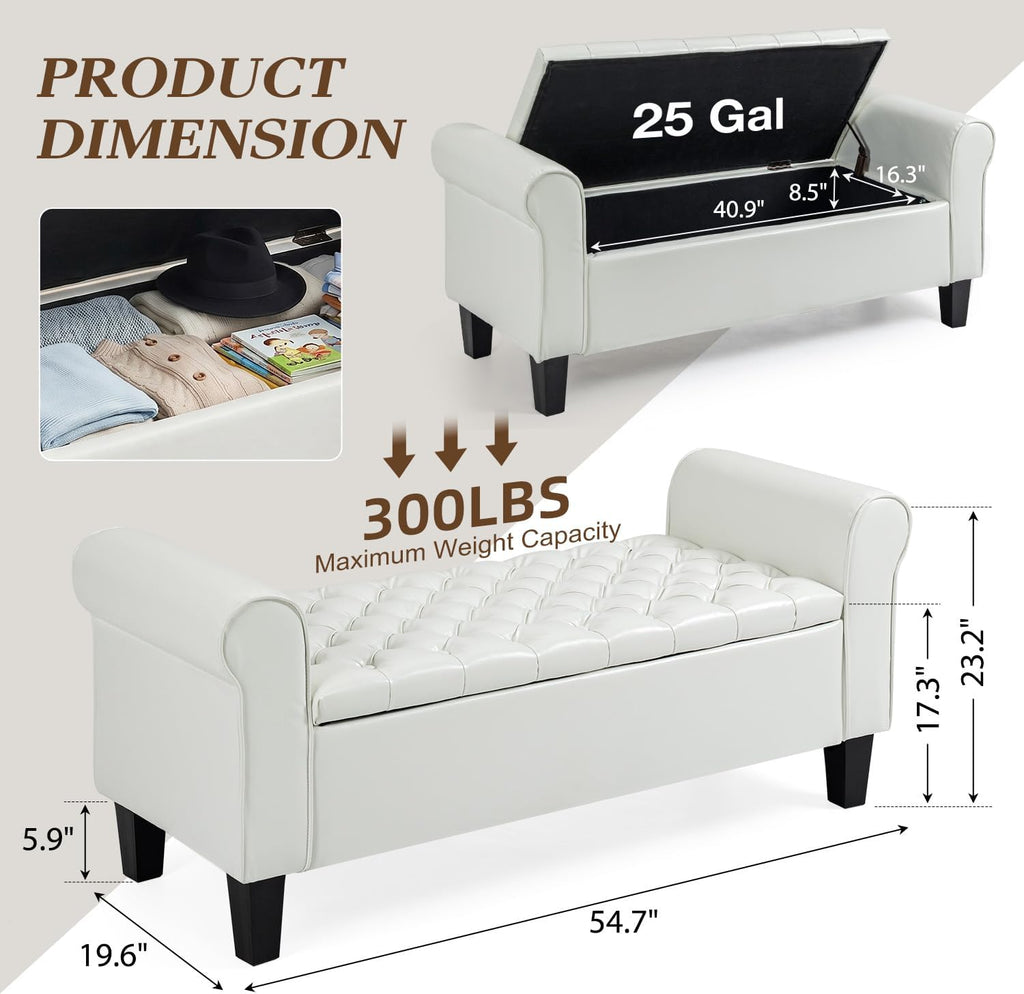 ECOTOUGE 55" Storage Ottoman Bench for Living Room, End of Bed Bench with Rolled Arm Leather Ottoman with Storage Upholstered Entryway Bench Retro Style Footboard Bench for Bedroom, Cream White