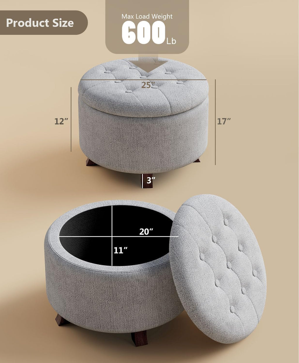 OS MOTOR Round Storage Ottoman Bench, Light Gray, 25 Inches | Multi-Functional Ottoman Foot Rest, End of Bed Bench, Storage Chest, Living Room, Bedroom, Hallway, Entryway, 300 lb Capacity