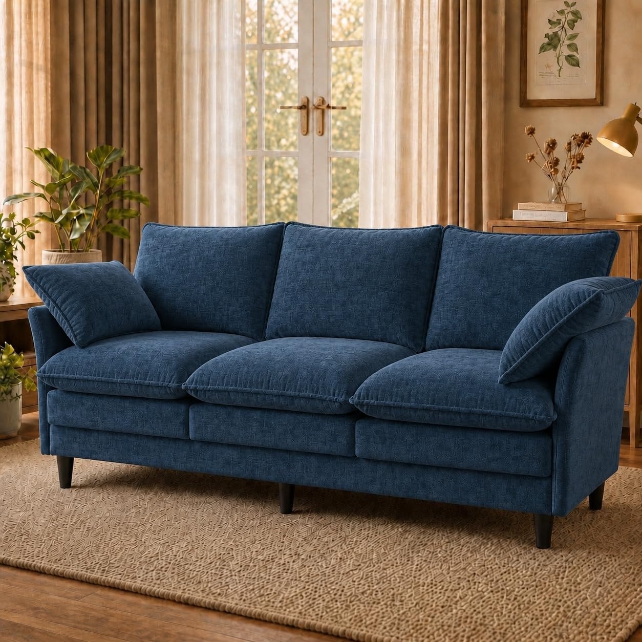 KYJ 69” Small Sofa, Cloud 3-Seat Love Seat, Small Couch for Living Room | 3 Layer Cushion, Washable Pillow, Deep Seat, Chenille Fabric, Raised Leg, Curved Armrest, In a Box for Small Spaces, Blue