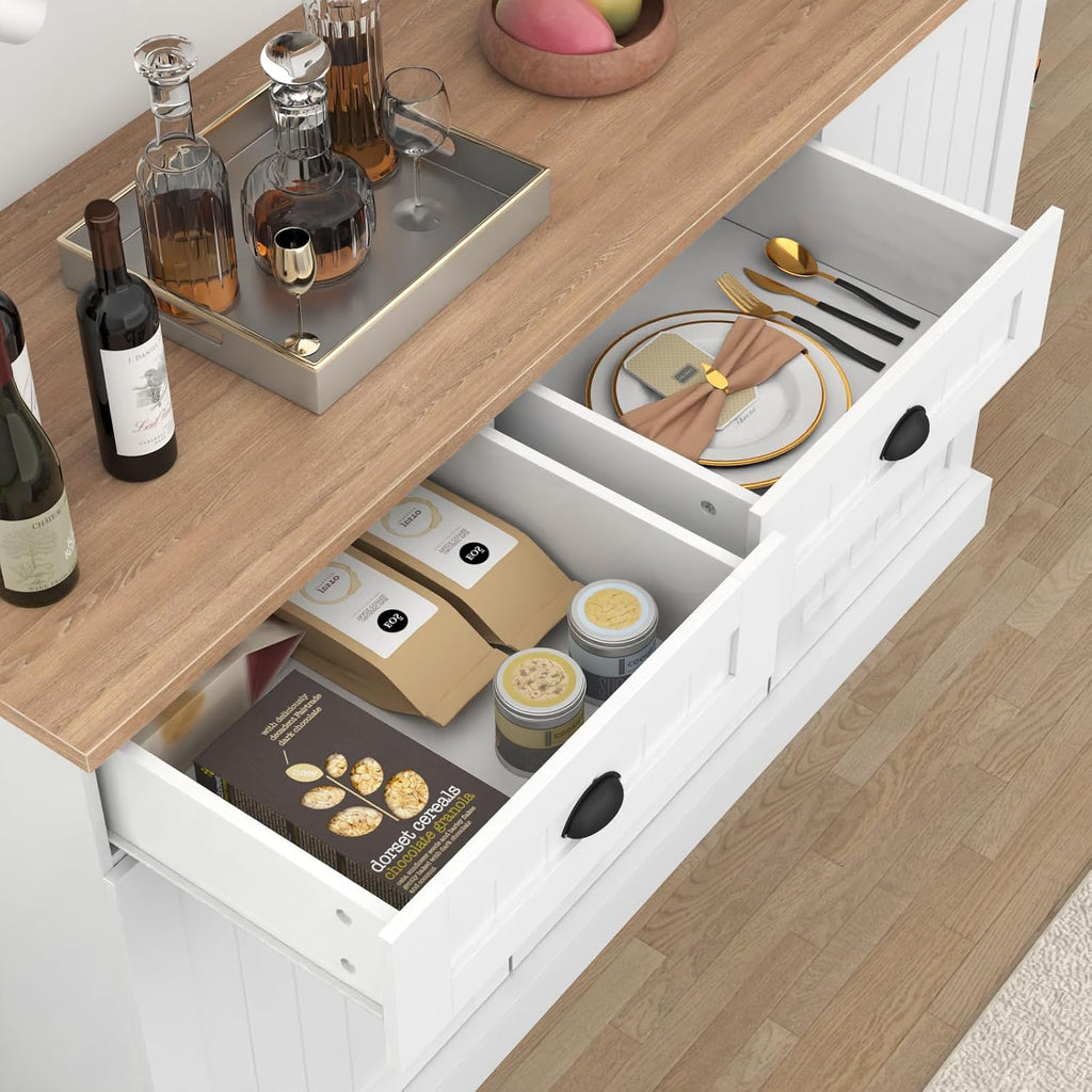 Gyfimoie Sideboard Buffet Cabinet with 2 Drawers, Farmhouse Kitchen Pantry with Adjustable Shelves, Coffee Bar Cupboard Cabinet with 3 Doors for Kitchen, Dining Room (White)