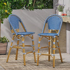 Saiveina 29.5" Outdoor PE Rattan French Barstool, White and Black, Aluminum Frame with Bamboo Finish (Set of 2)