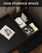 Modern Nightstand with Sliding Top, Night Stand with Charging Station and LED Lights, Bedside Table with 2 Drawers, End Side Table for Bedroom, Living Room, Office, Black