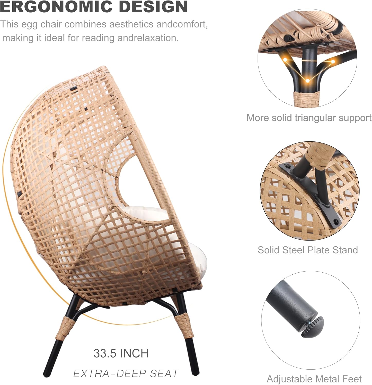 2 pcs Oversized Wicker Egg Chair Outdoor Indoor - Rattan Patio Egg Lounge Chairs with Cushion 500lbs Capacity for Living Room, Balcony, Backyard