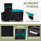 Wicker Outdoor Patio Ottoman - 2 Pack Outdoor Ottomans for Patio, Side Table with Storage, Removable Cushions Square Foot Rest Seating for Patio, Porch, Deck (Black-Blue)