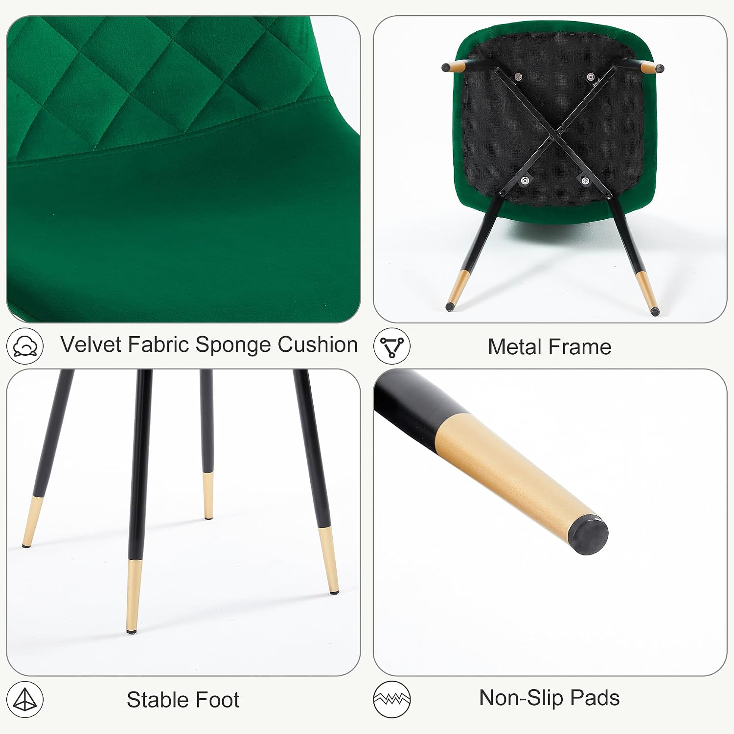 Velvet Green Dining Chairs Set of 4 - Upholstered Kitchen & Dining Room Chairs with Metal Legs, Mid-Century Modern Chairs for Living Room Dining Room Kitchen Bedroom