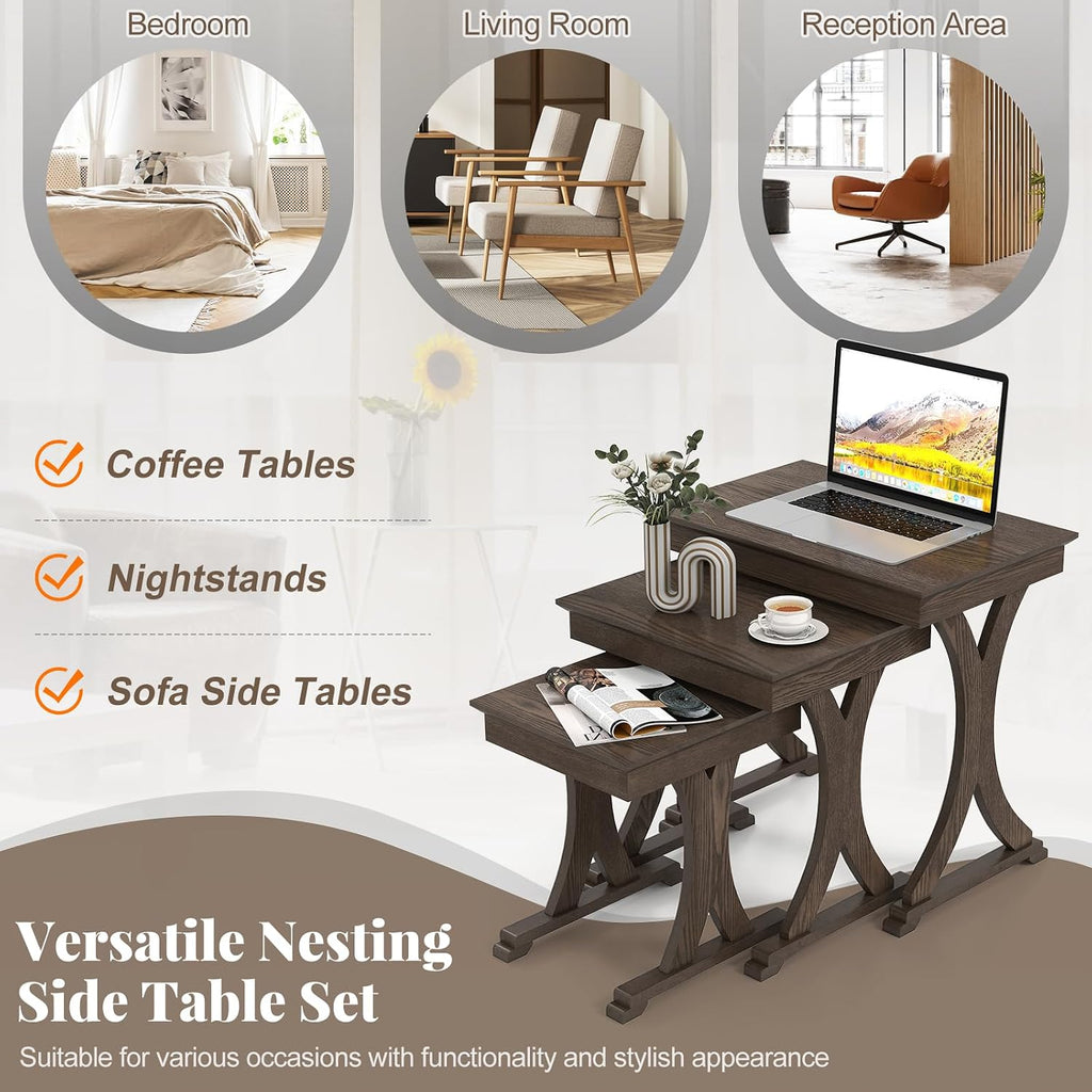 GIANTEX Nesting Coffee Table Set-of-3 - Stackable Rectangular Sofa End Side Table w/Solid Rubber Wood Legs, Vintage Farmhouse Night Stand for Bedroom Living Room Home Office Small Spaces